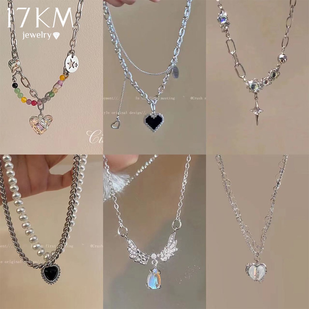 Fashion Love Double Gemstone Necklace for Women Vintage Silver Choker Chain Pendant Jewelry Y2K Accessories