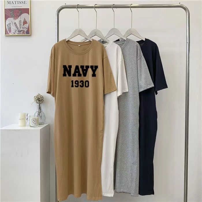 Summer Simple Casual Korean Fashion Letter Print Oversize Loose Round Neck Short Sleeve Dress for Women