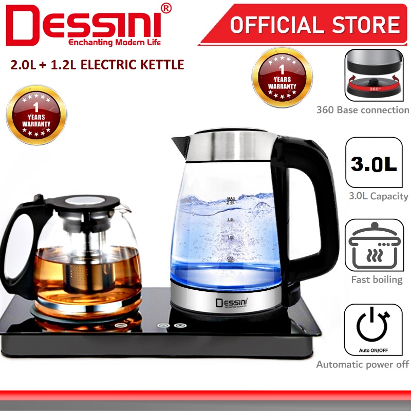 DESSINI ITALY 2.0L + 1.2L Glass LED Light Electric Kettle Temperature Control Automatic Cut Off Boiler Jug Teapot Cerek