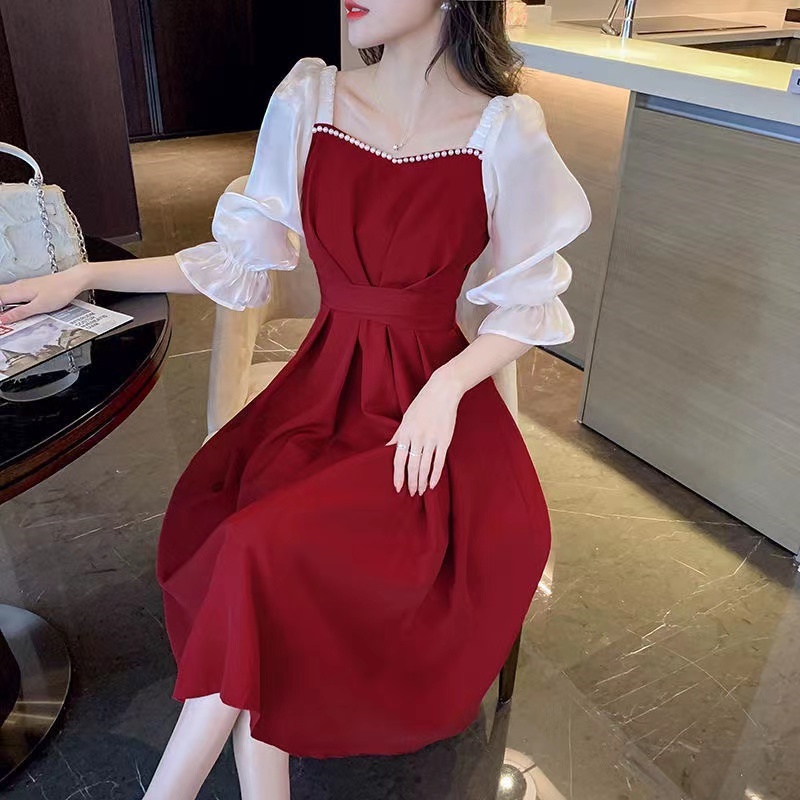 Sweet French Fashion Splice Women's Dress Square Neck Temperament Solid Color Simple Mid Length Dress