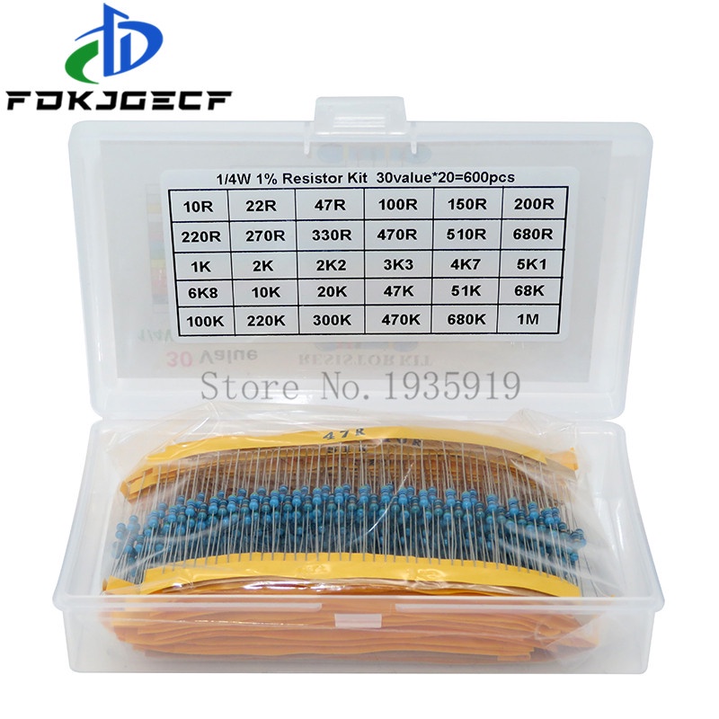 600PCS/LOT 1/4W Metal Film Resistor Kit 1% Resistor Assorted Kit Set 10 -1M Ohm hm Resistance Pack 30 Values each 20 pcs