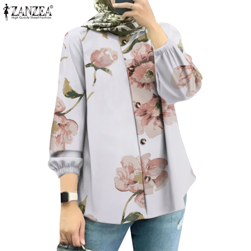 ZANZEA Women Muslim Daily Fashion Long Sleeves Puff Sleeves Round Neck Floral Printing Shirts