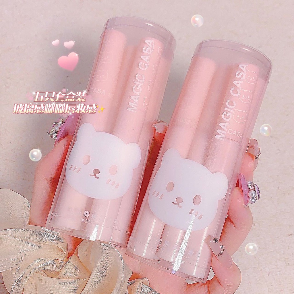 MAGIC CASA 6pcs/set Bubble Bear Lip Glaze Mirror Water Light Glass Korea Natural Nude Lipstick Student Milk Tea Color Lip Gloss