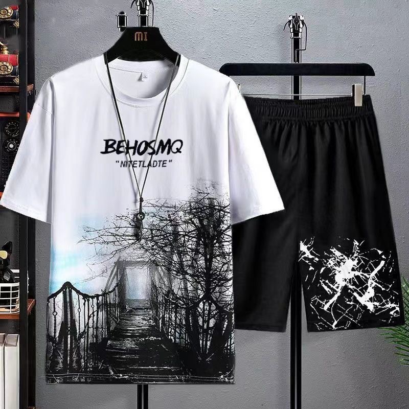 2025 New Ssrt Men Short Sleeve T-shirt + Shorts Two-piece Fashion Loose Plus Size Casual Sports Short Pants Suit