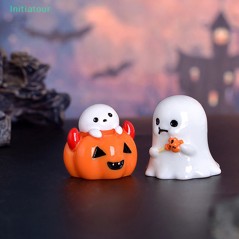 Initiatour Halloween Micro Landscape Miniature Figurines Resin Craft Mini Fairy Garden Ornaments Cute Pumpkin Ghost Vampire Decoration