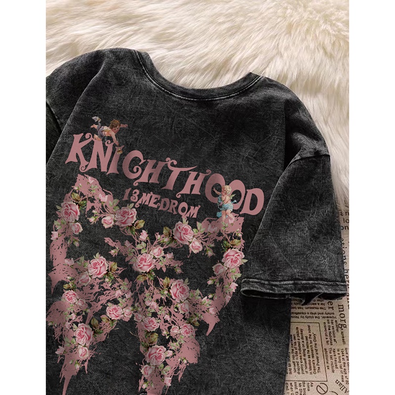 Wash Black Series 2024 New 100% Cotton Retro Korean Style Women T-shirt Oversized Printed Unique Graphic Short Sleeve Loose Comfort Female Tees LIVE65