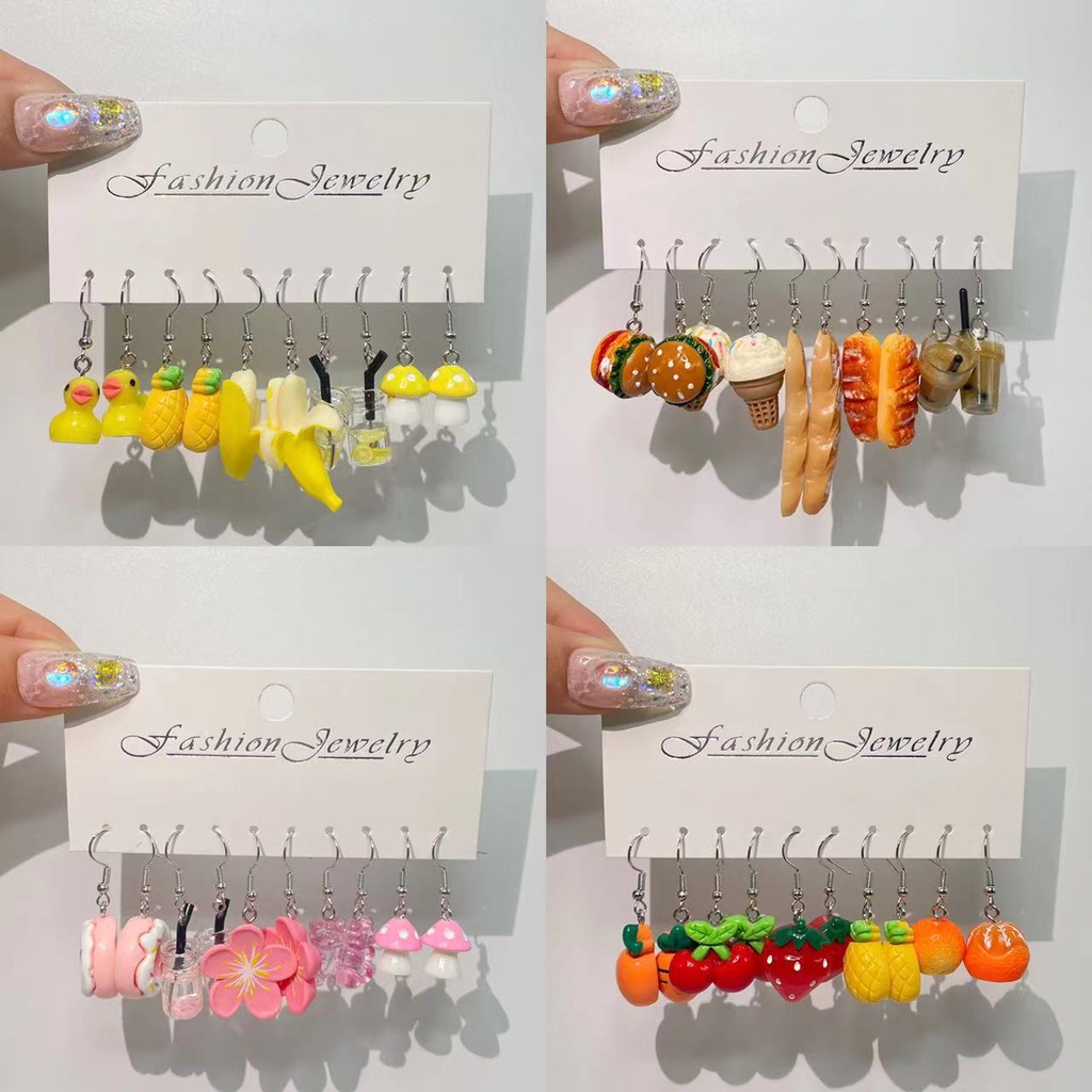 5pair/set Funny Cute Resin Simulation Strawberry Pineapple Fruit Hook Earrings for Girls Hamburger Mushroom Duck Earring Jewelry