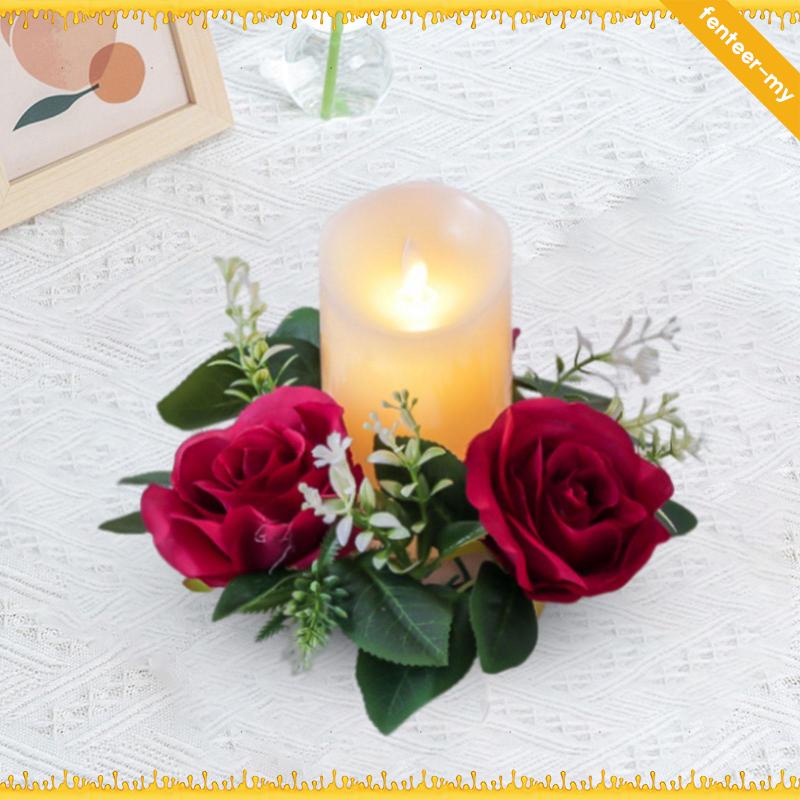 [FenteerMY] Candle Rings Wreaths, Small Wreath, Pillar Candle Holder, 23cm Artificial Floral, Flower Garland for Window,