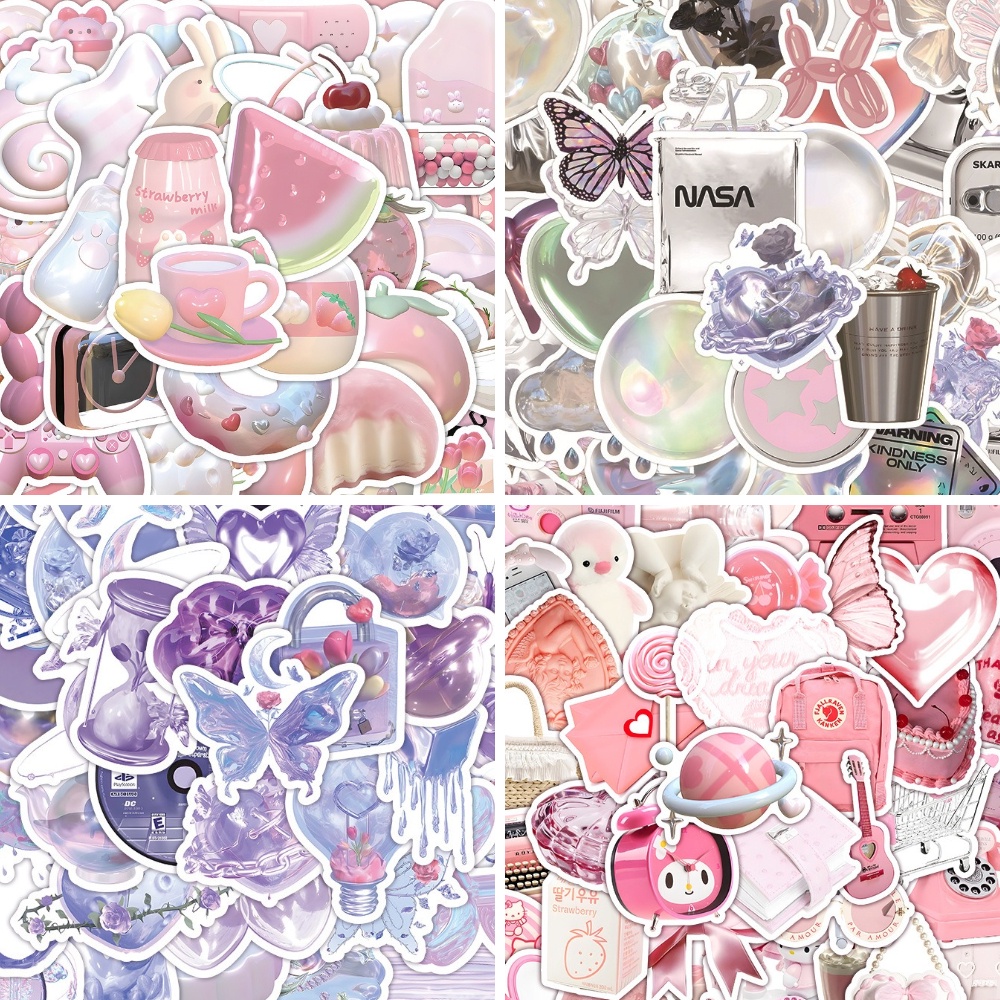63pcs INS Sweet Pink 3D Stickers Waterproof PVC Sticker for Cup Luggage Deco