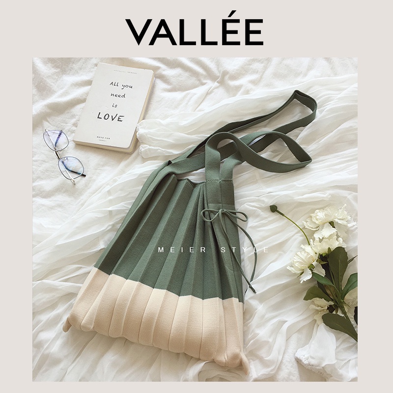 [VALLEE]✨Ready Stock Knitted Bag Bag✨New Style Texture Korea chic Stitching Pleated Foldable Crossbody Eco Wool Handbag Clutch Shopping