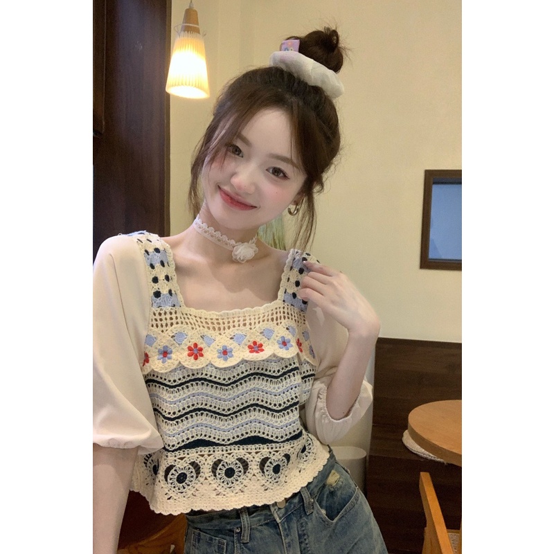 3362#Preppy Style Hollow Crochet Knit Sweater Women Summer New Design Sense Outer Wear Short-Sleeved Square Neck Thin