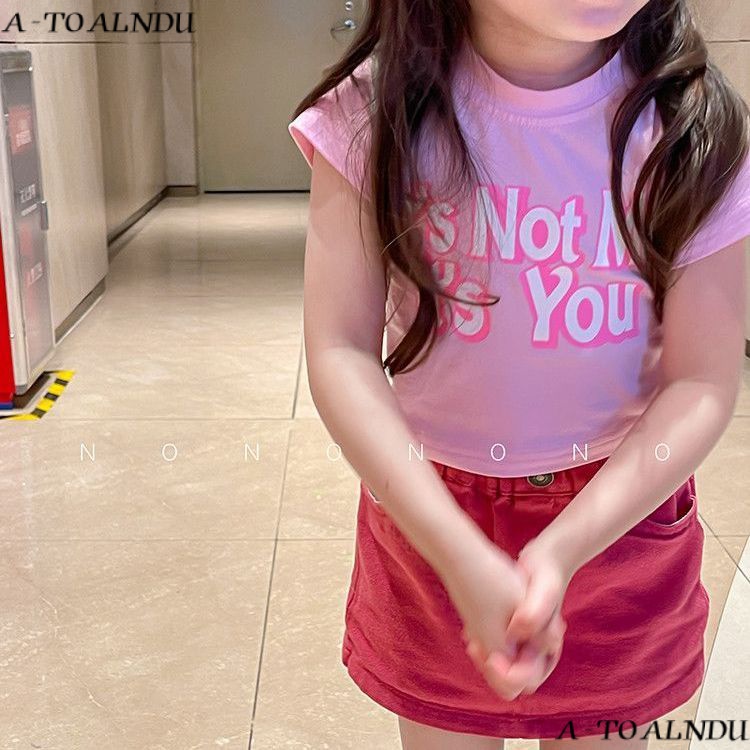 Little Girl Trendy Short-Sleeved Pure Cotton Pink Casual Summer Fashion Suit Korean Version Short Skirt Children Clothing Comfortable T-Shirt Contrast Color Top ins Female 2023 Versatile E4N2