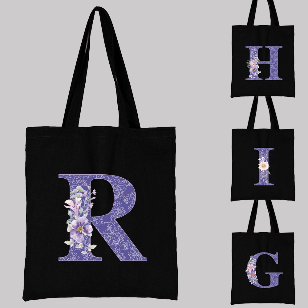 Canvas Ladies Shopping Bag Large Capacity Tote Bags Fashion Purple Flower Letter Printing Women's Shoulder Handbag