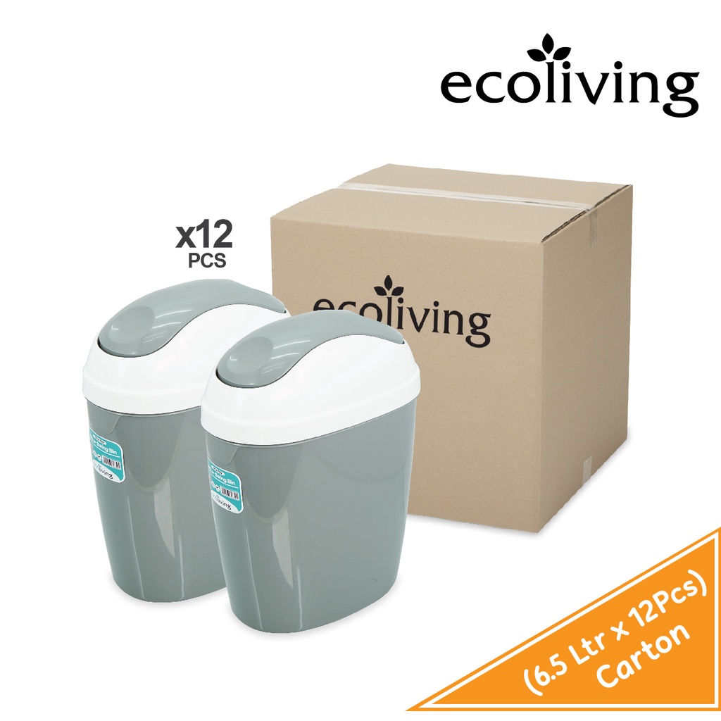 ECO LIVING CARTON DEAL 12Pcs/Ctn 6.5Ltrs Rubbish Bin W/Swing Lid Cover,Bathroom Kitchen Office Tong Sampah,ECO-190-12