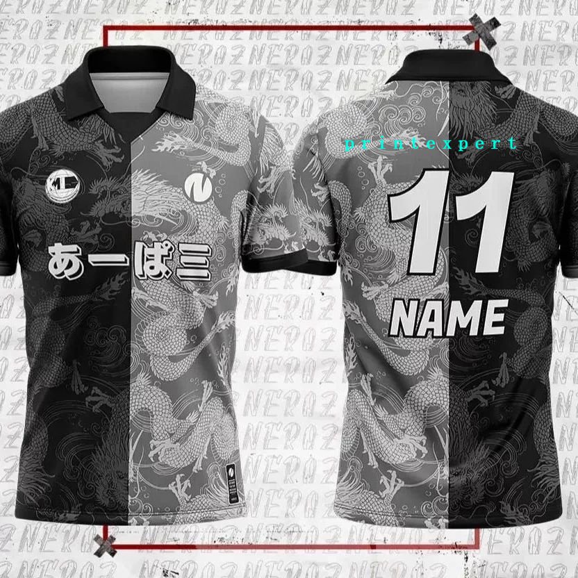 Full Sublimation Hitam Premium Baju Raya Botol Melayu Black White Custom Jersey Retro Collar Short Sleeve Top