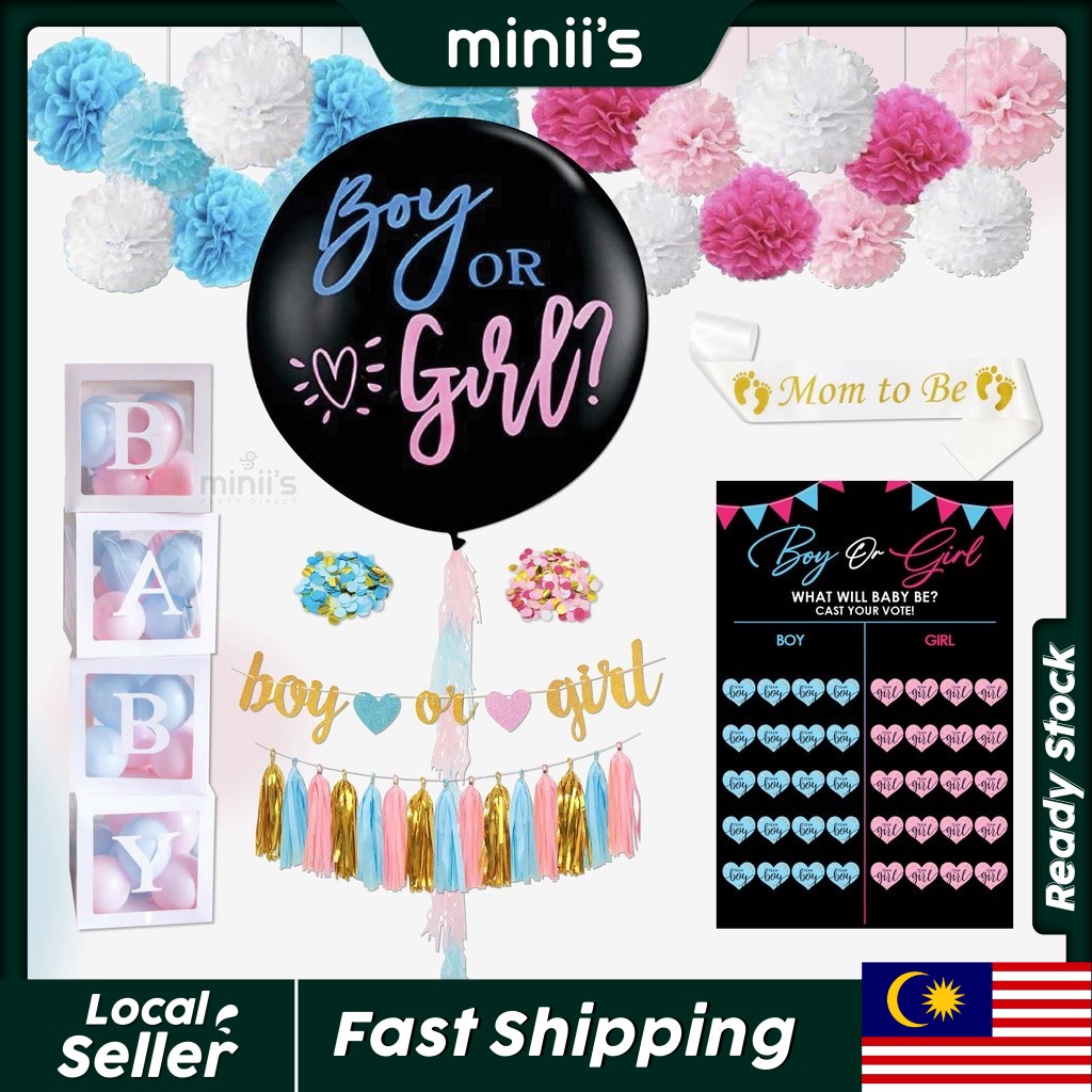 Miniis Gender Reveal Party Balloon Set Vote Board With Sticker Game Poster Banner 32 inch Gender Black Balloon Pink Blue