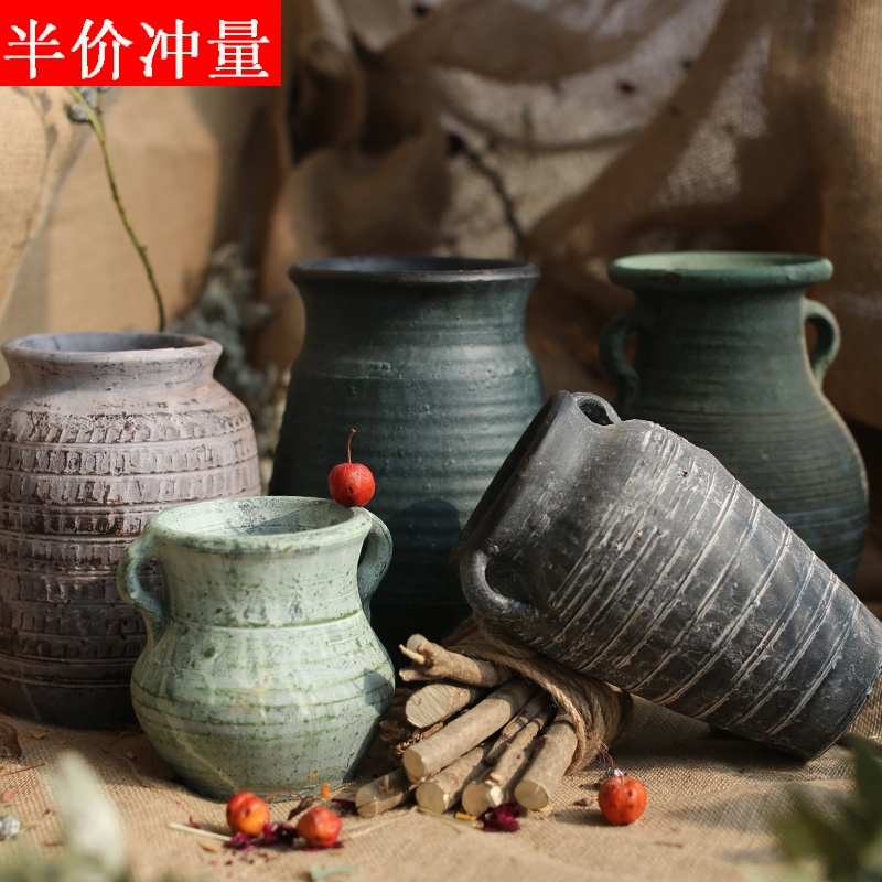 New Chinese Zen Flowerpot Stoneware Vase Retro Decoration Living Room Dried Flower Arrangement Antique Succulent Clay Pot