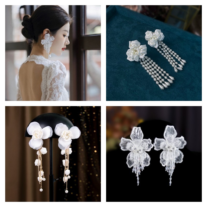 2023 New Bride Earrings Crystal Yarn Flower Tassel Wedding Dress with Makeup Design Accessories Earrings