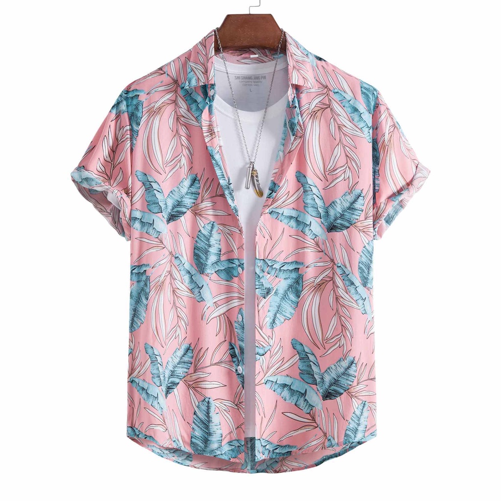 2023 New Men's Tropical Pink Cotton Short Sleeve Lapel Button Casual Loose Floral Shirt Plus Size Bohemian Hawaiian Summer Beach Outfit