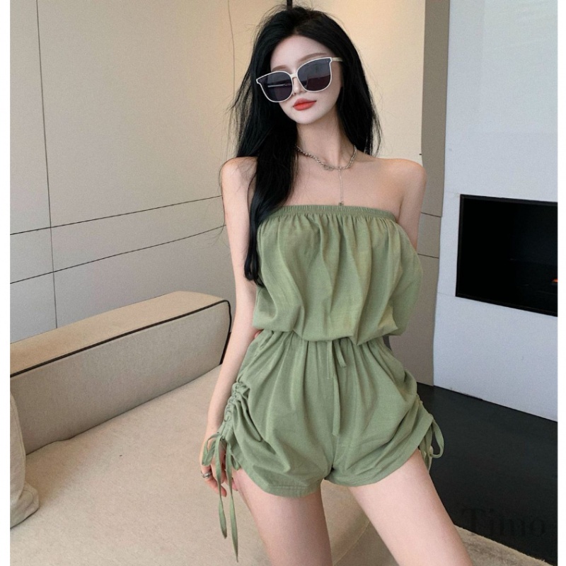 [Malaysia] New Style One-Shoulder Jumpsuit Women's Sling Pleated Wide-Leg Pants Summer Thin Narrow-Waist Loose Shorts 202