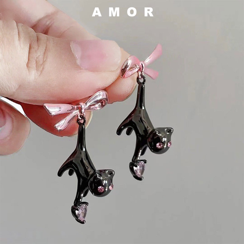 Black Cat Pink Bow Earrings Girl Sweet