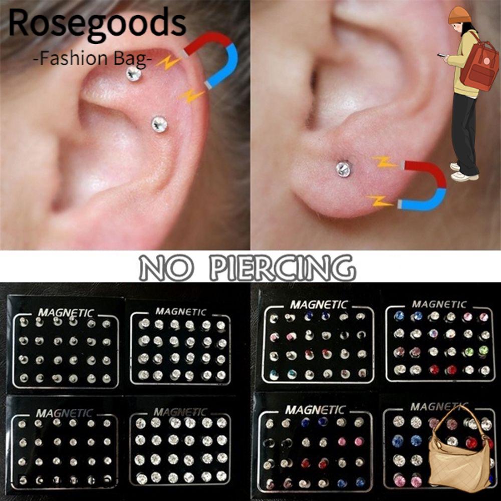 ROSE 12 Pairs/Set Men/Women Fashion Magnetic Fake Earring Studs 3/4/5/6/7MM Stimulating Acupoints Gift For Friend Portable Round Shape White/Multi color Crystal No Piercing