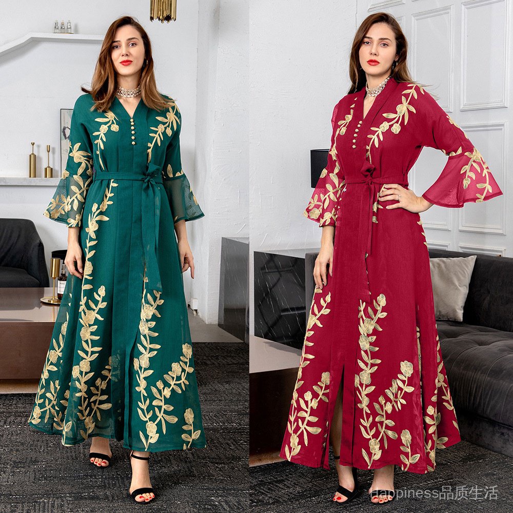 ✨24 Hours Delivery✨AB170 Muslim Autumn Winter Mesh Embroidered Robe European American Women's Temperament Evening Dress Arabian