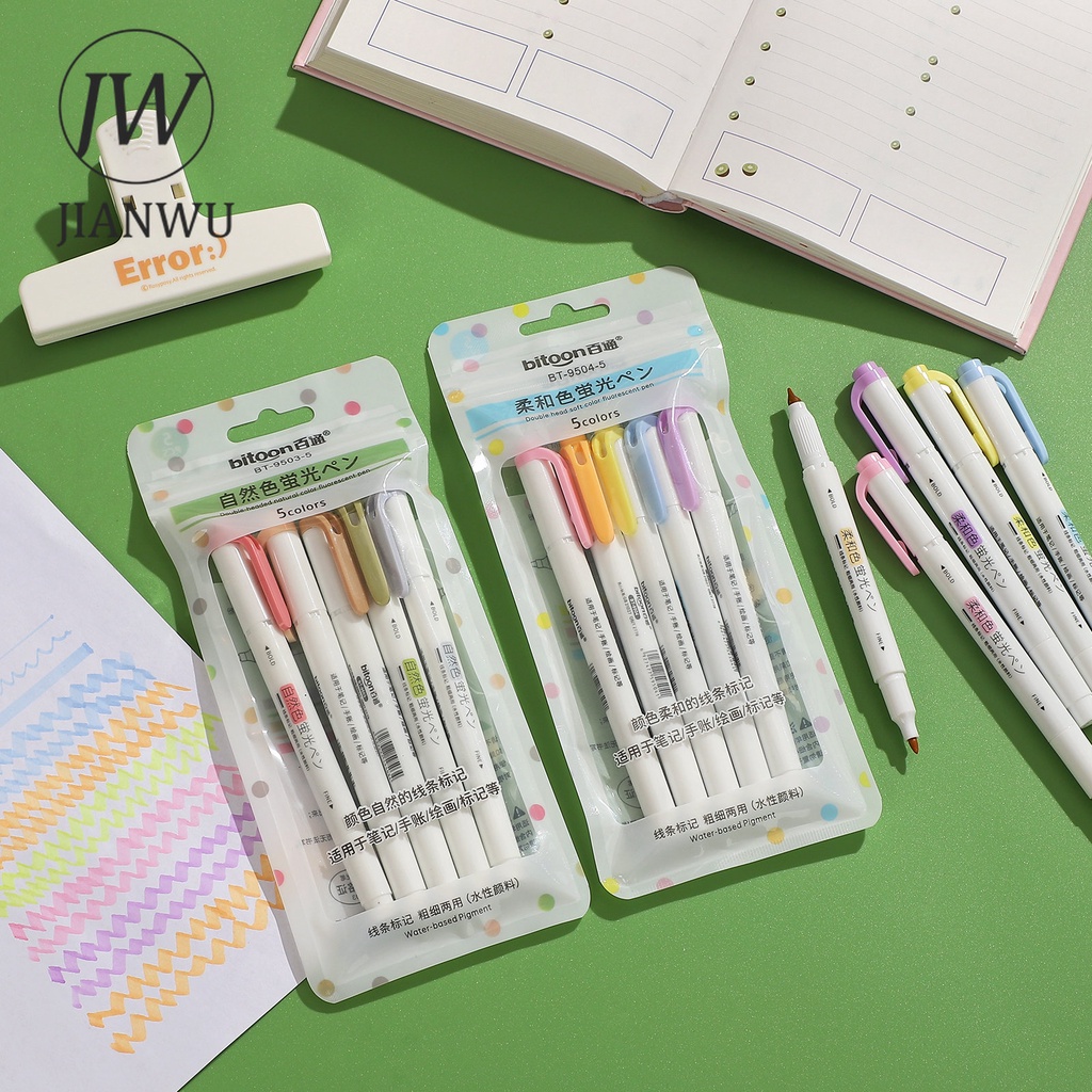 JIANWU 5 Pcs/set Double-ended Eye Protection Highlighter Set Smooth Writing Multicolor Marker Pen Creative DIY Student Supplies