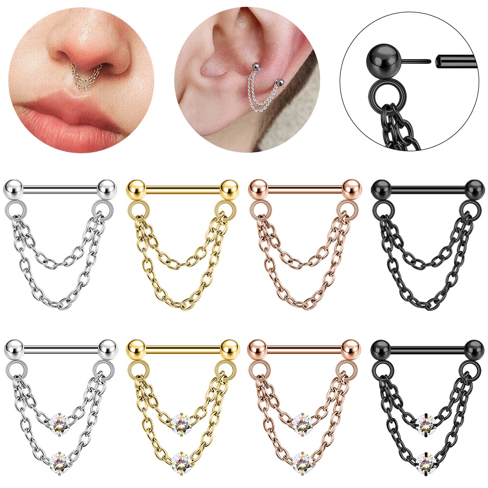 1 PC 8/10mm 16G Double Chain Style Septum Ring Stainless Steel Plug-in Nose Piercing Cartilage Earrings Bridge Piercing