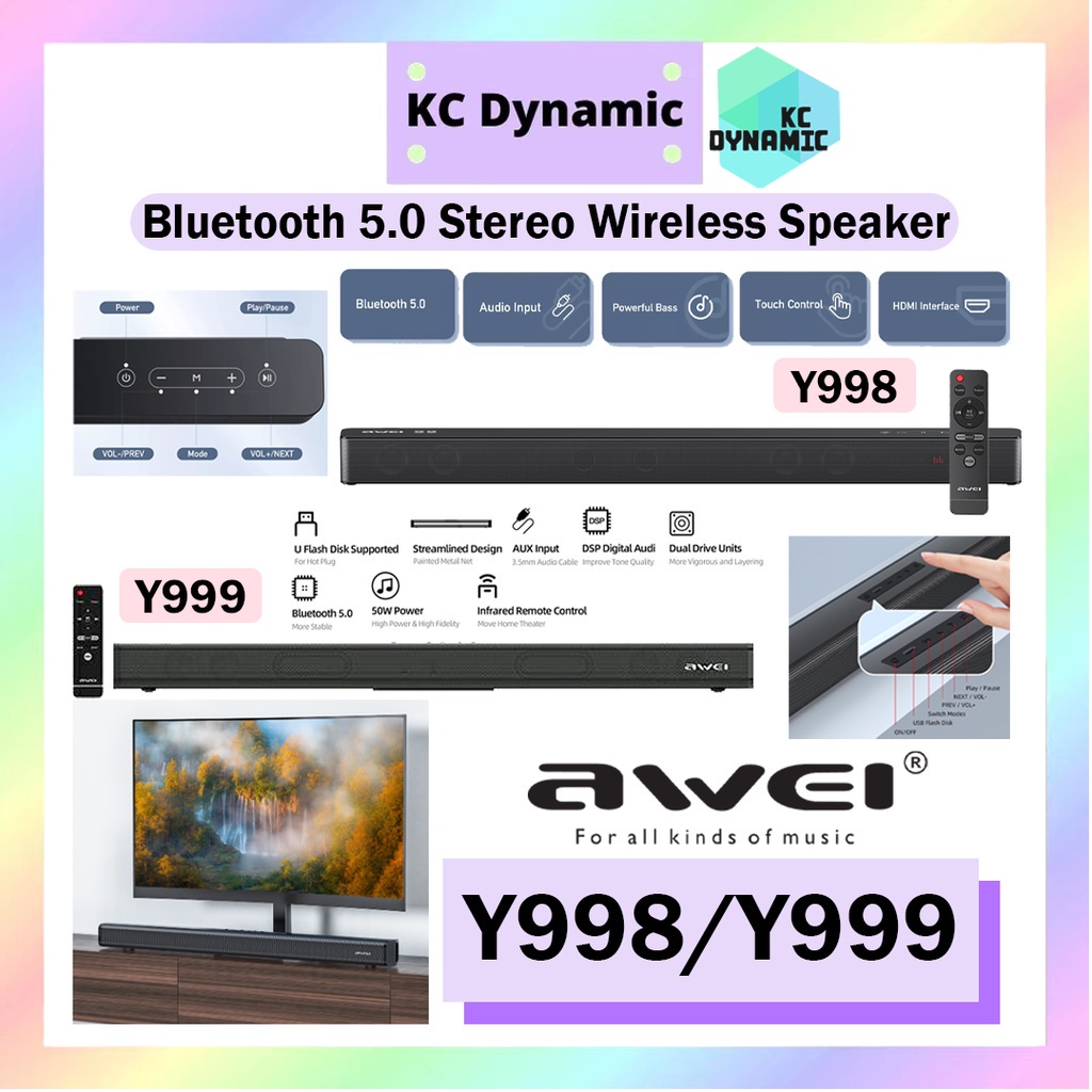 AWEI Wireless Bluetooth 5.0 Sound bar Stereo Speaker 50W TV Home Theater HDMI Y998 Y999 Bass Spiker Home Speker