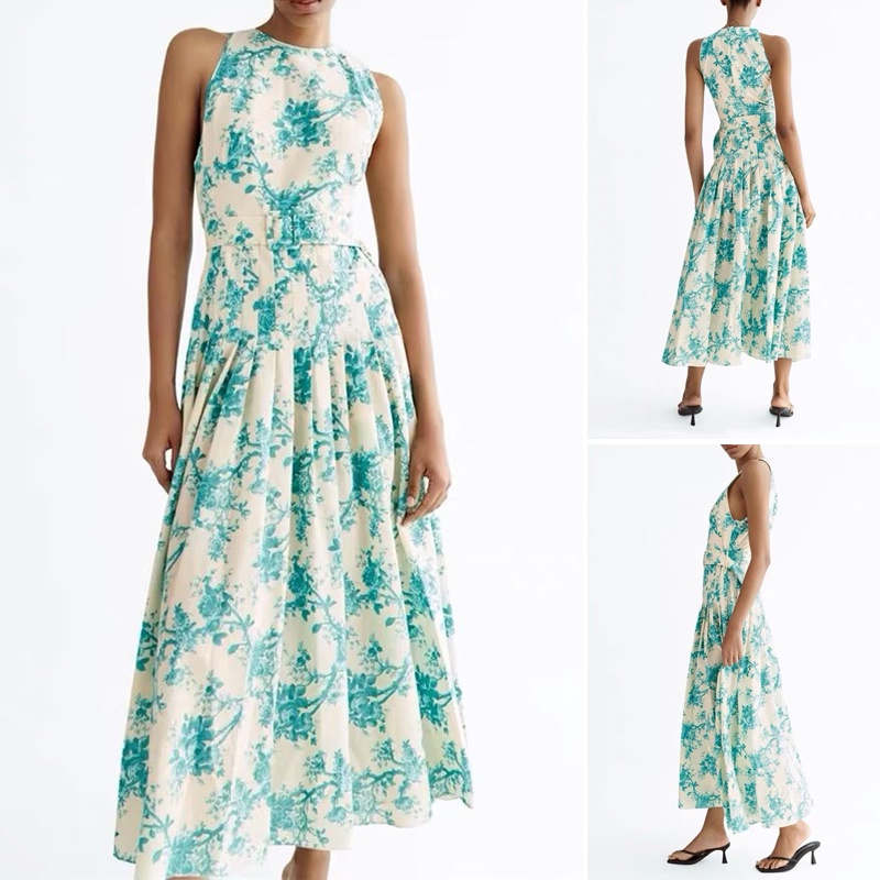 Zara Dresses Dresses 2024 Summer New Style French Printed Fan Flute Dress Round Neck Sleeveless Belt Decoration Classy7730021