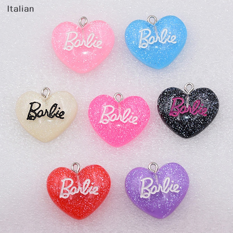 Italian 5Pcs Barbie Resin Peach Heart Glitter Heart-Shaped Letter Love Earrings Bag Key Chain Pendant DIY Jewelry Accessory MY