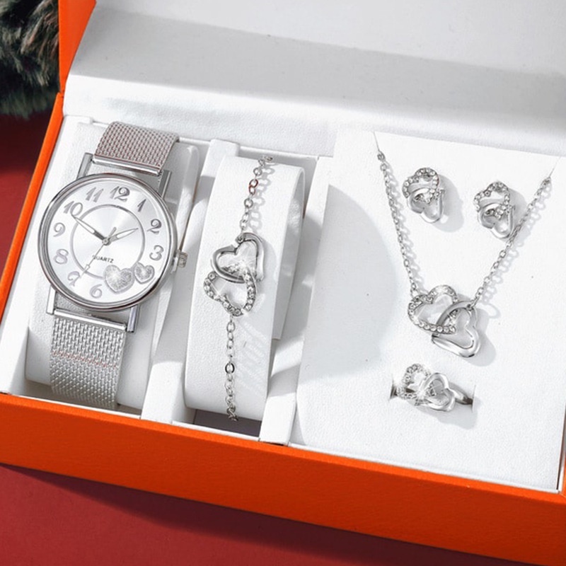 Women's 6-piece Fashion Love Watch Bracelet Necklace Earrings Stainless Steel Watch Strap Quartz Watch Box Less Set