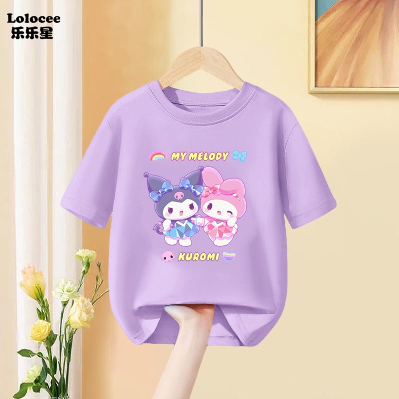 Cute Kuromi and Melody Girls Short Sleeve T-shirt Cartoon Summer New Sweet Childrens Fashion Clothes