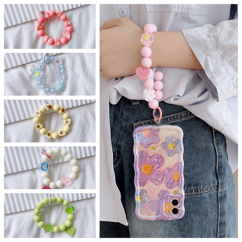 Cute Cartoon Phone Pendant Hanging Ring Mobile Wristband Bead Lanyard Strap Anti-Lost Bracelet