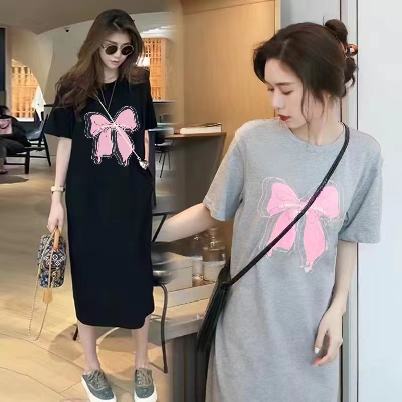 Summer Simple Casual Oversize Short Sleeve Dress Women Korean Sweet Style Bow Print Loose Round Neck MIDI Dress
