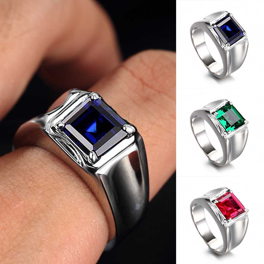 3 Colors Crystal Ruby Emerald Sapphire Men Punk Fashion Jewelry Silver Titanium Steel Simple Style Wedding Engagement Rings