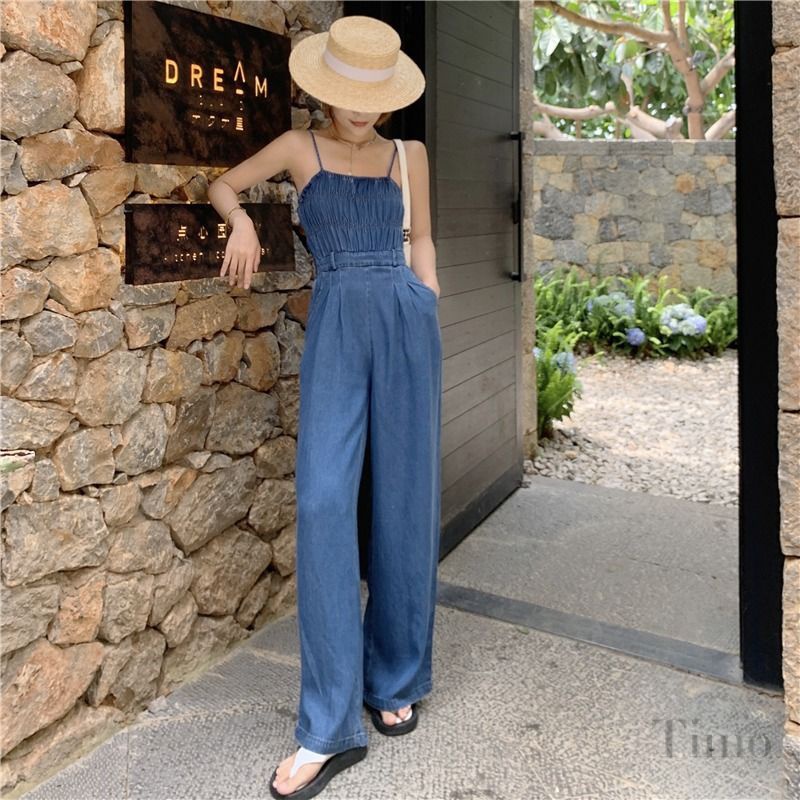 [Malaysia].Korean chic Suspenders Denim Jumpsuit Women 2023 Summer New Style Design Vintage Narrow-Waist Wide-Leg Pants 2023 Ready Stock
