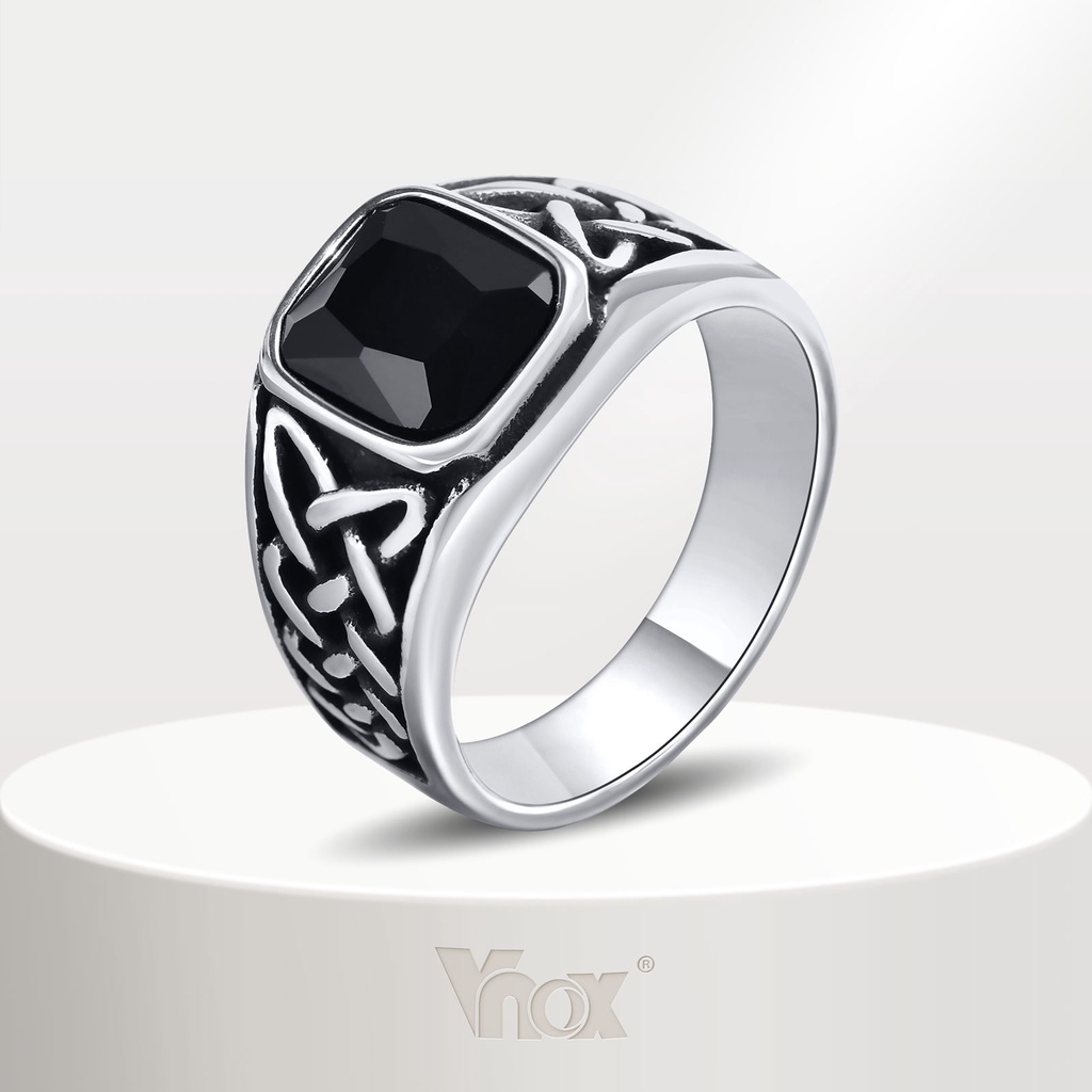 Vnox Men's Stainless Steel Ring, Full Light Square Black Glass Celtic Knot Ring Steel Color Men's Ring Jewelry