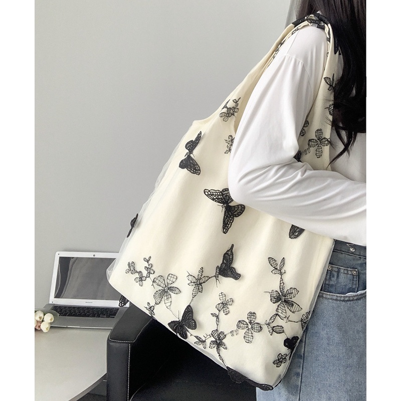 Canvas Bag Handbag Female Large Capacity Versatile Shoulder Embroidered Butterfly Lace