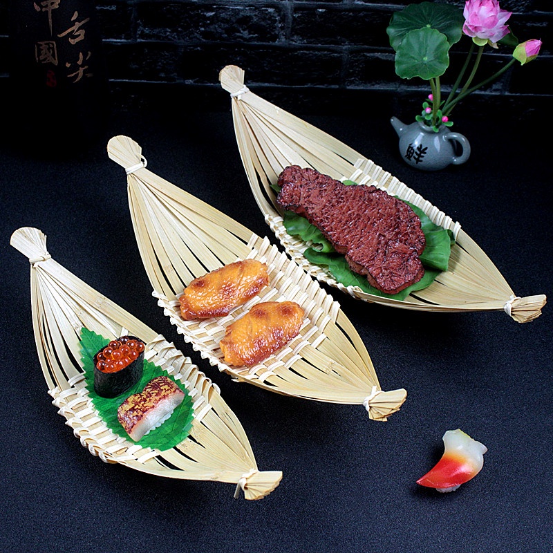 竹编盘 仿藤编 船形托盘 竹编餐盘 Creative Bamboo Weaving Sushi Plate Sashimi Arrangement Decoration Seafood Posture Decoration Japanese Style Hand-Woven Snack Basket