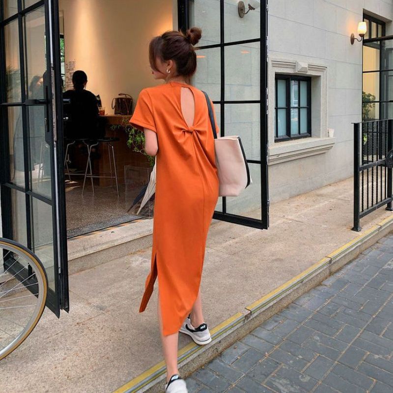 【Dress Oversized】(40-150kg) Short Sleeves Backless Plus Size Plain Midi Dress Korean Fashion Maternity Wear Split Reach Calf
