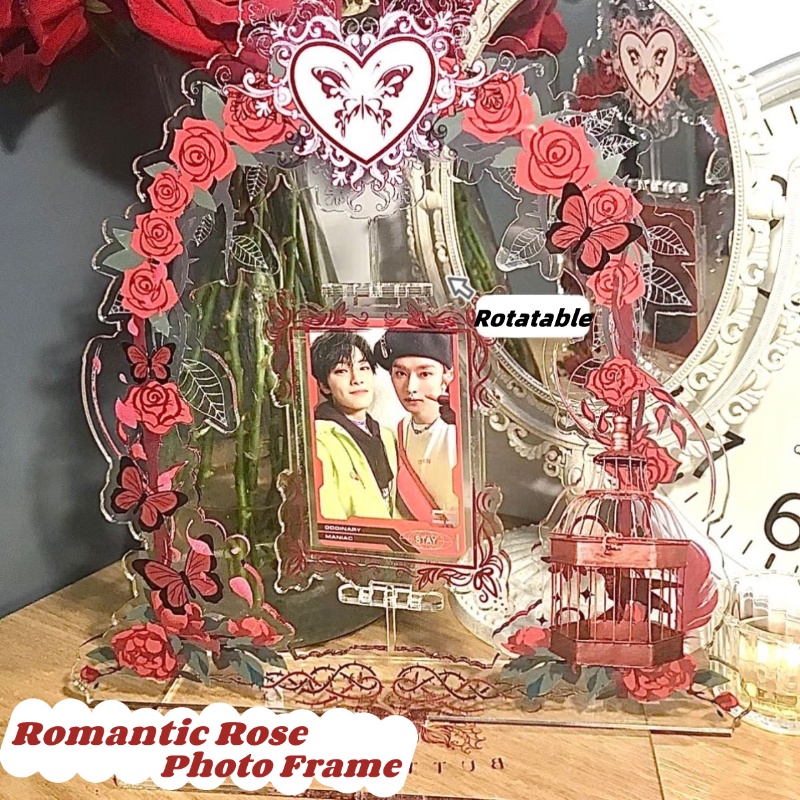 Romantic Rose Acrylic Photo Frame Rotatable Deluxe 3 Inch Card Holder Desktop Display Frame Idol Photocard Protective Case Cute DIY Gift