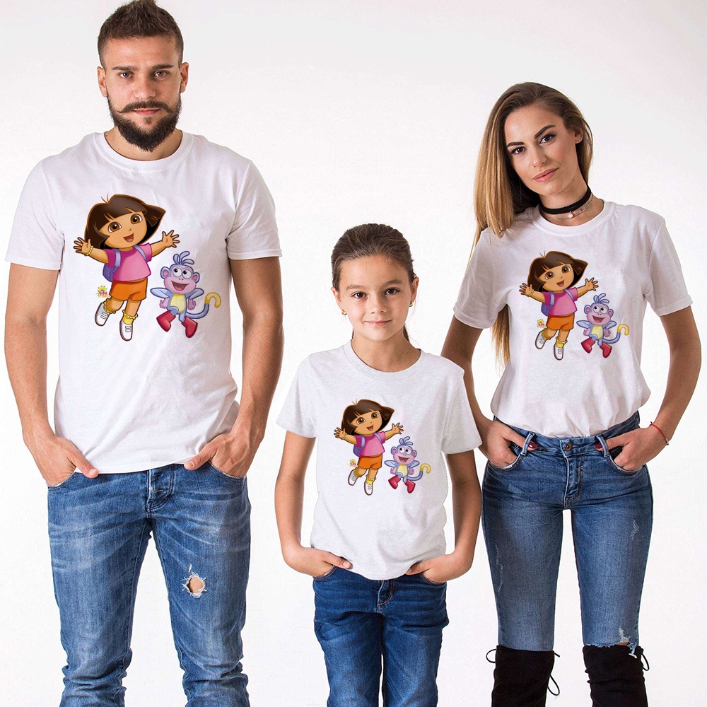 Adventure Of Dora Family Matching Wear Men Women T Shirt and Boys Girls Tops Anime Cartoon Baby Tees Mom And Dad Fashion Tops Nice Fabric Skin-Friendly Kids Clothes