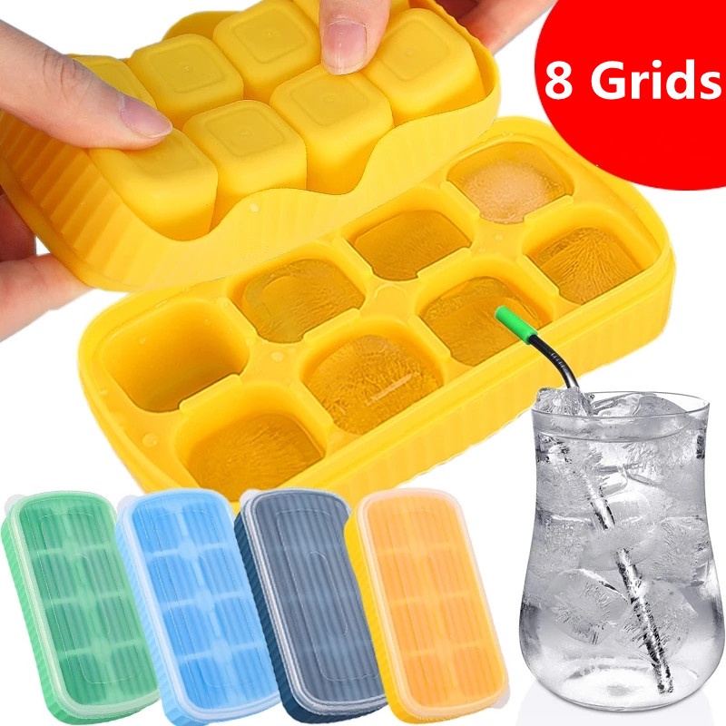 8 Hole Kitchen Creative Silicone Homemade Frozen Ice Block Cube Mold Reusable Honeycomb Ice Box Tray with Removable Lids Grids Ice Cubes Maker Mould