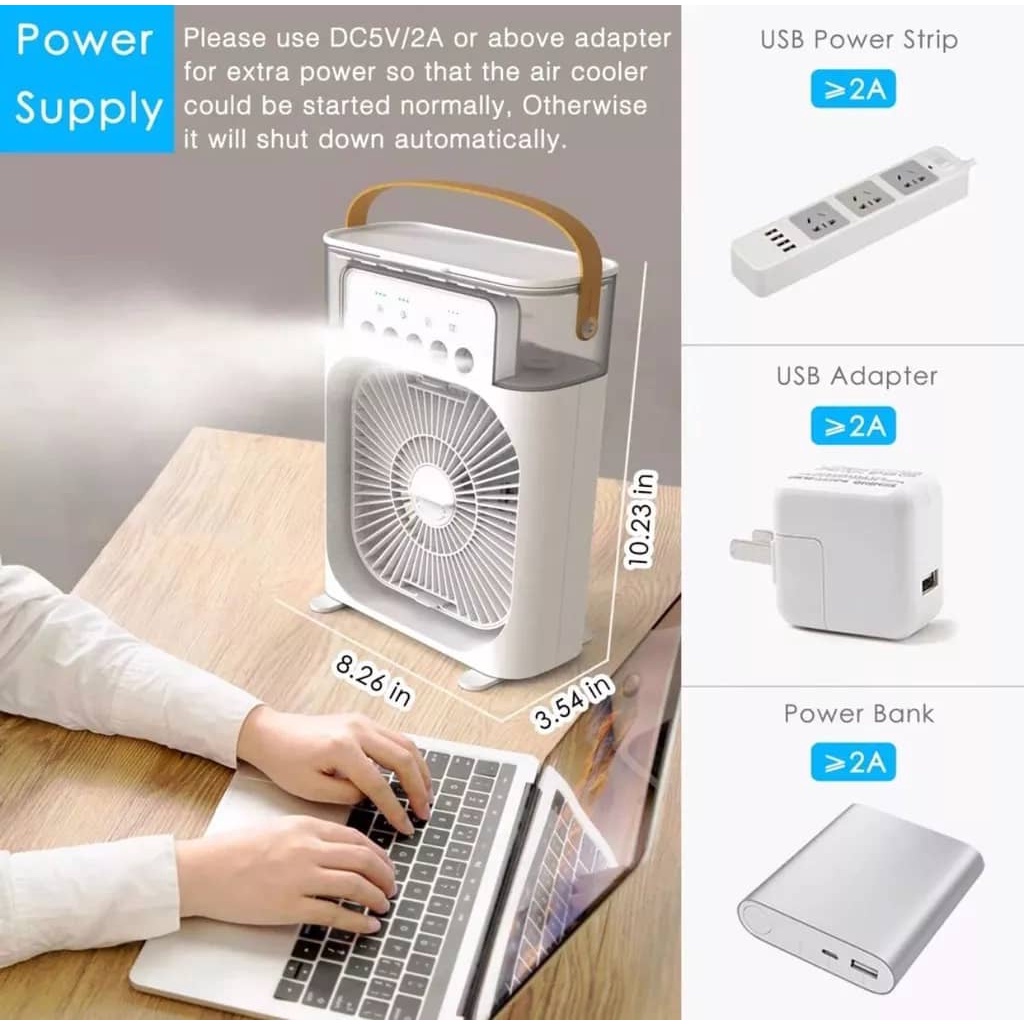 B.S.B Air Conditioner Cooling Fan With 5 Sprays 7 Color Light Portable Fan Air Cooler Kipas Mini Fan Air Humidifier