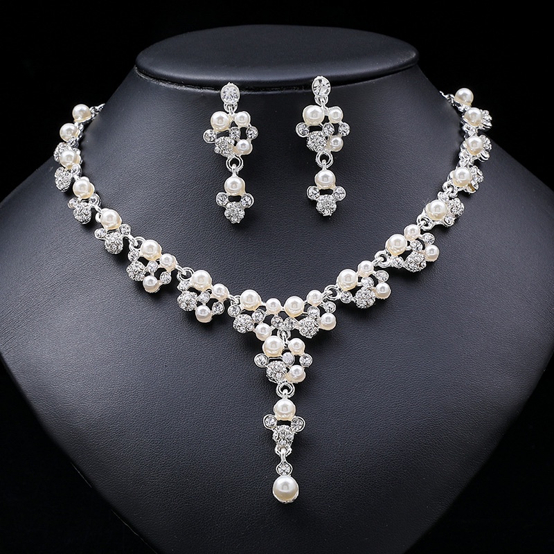 Korean Fashion Pearl Zircon Necklace Earrings Set Wedding Bridal Accessories Elegant Party Dress Accessories Jewelry