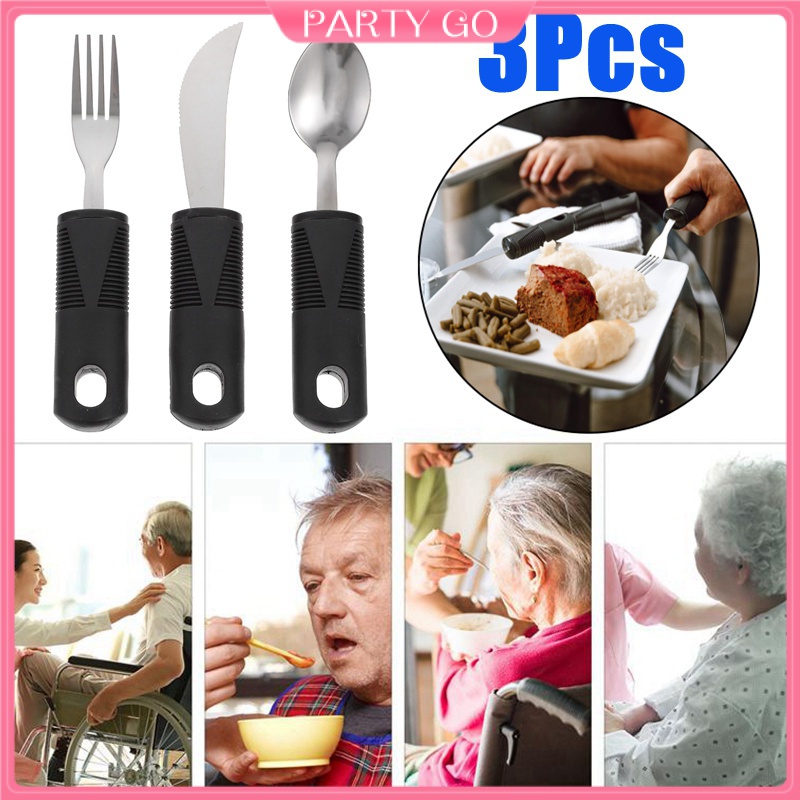 3Pcs Adaptive Utensil Set Stainless Steel Spoon Fork Knife Anti-Shake Tableware Disabled Elderly Food Aid Cutlery Silverware