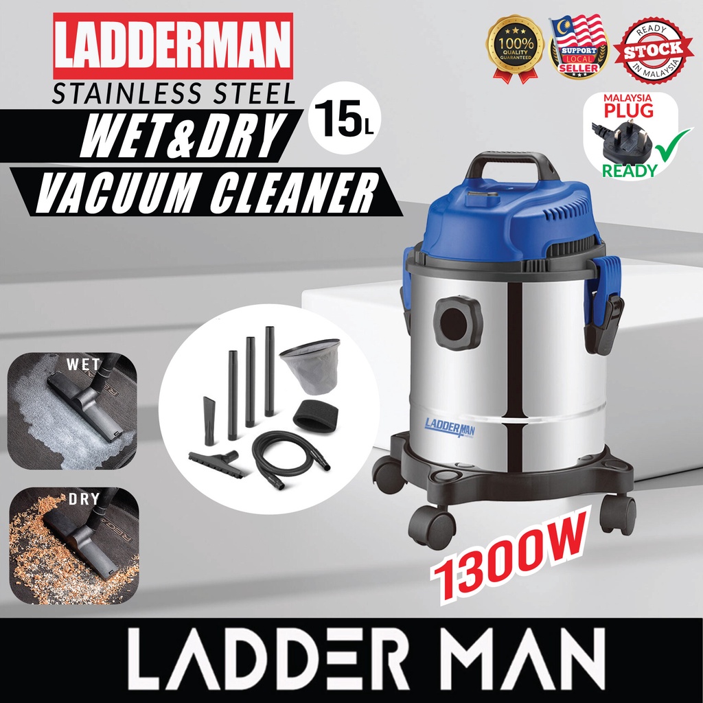 LADDERMAN 15L Stainless Steel Wet and Dry Vacuum Cleaner Heavy Duty Home Commercial Penyedut Habuk Vacum Rumah