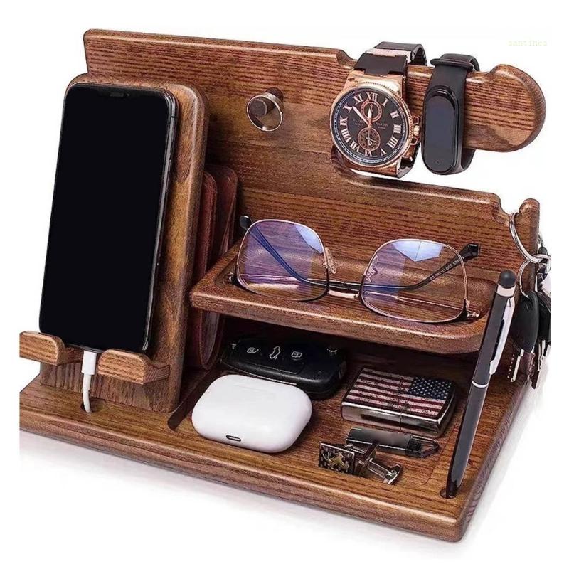 Wood Phone Docking Station Key Holder Wallet Stand Jewelry Watch Organizer Rack